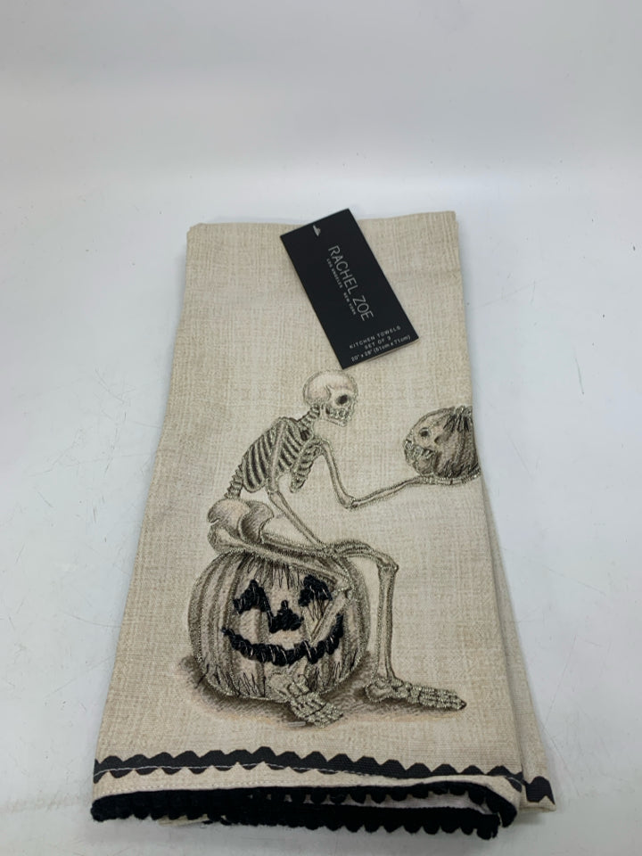 3 RACHEL ZOE SKELTON THEMED KITCHEN TOWELS.