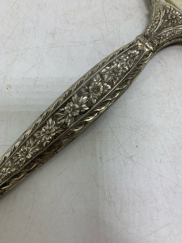 VTG SILVER PLATED HAND HELD MIRROR W/ EMBOSSED ROSE ON BACK.