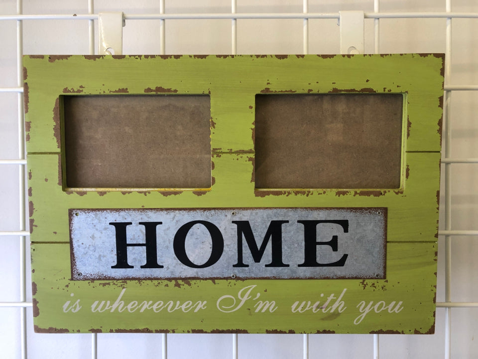 DISTRESSED GREEN WOOD W/ 2 PICS GALVANIZED "HOME" WALL ART.