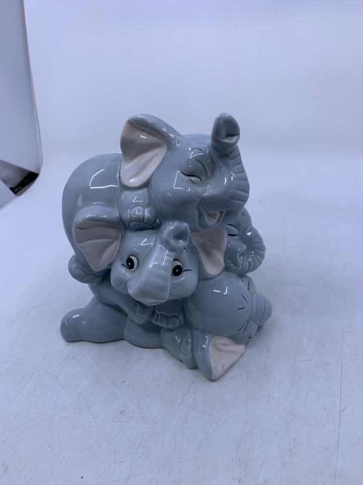 GREY CERAMIC 3 ELEPHANTS STACK ON TOP OF EACHOTHER.