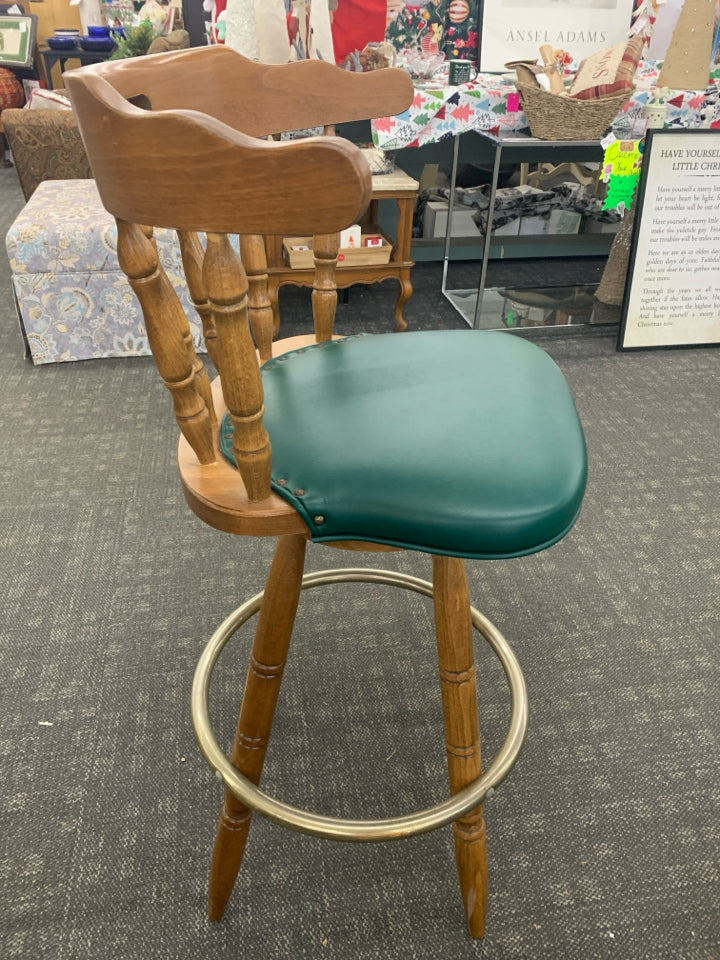 2 WOOD BAR STOOL W/GREEN UPHOLSTERED CUSHION & METAL FOOT REST.
