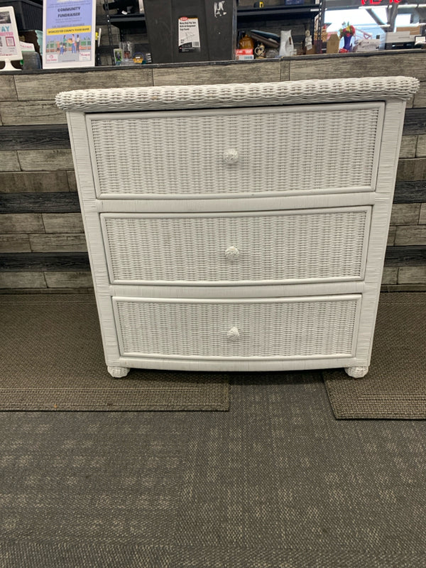 WHITE WICKER 3 DRAWER DRESSER.