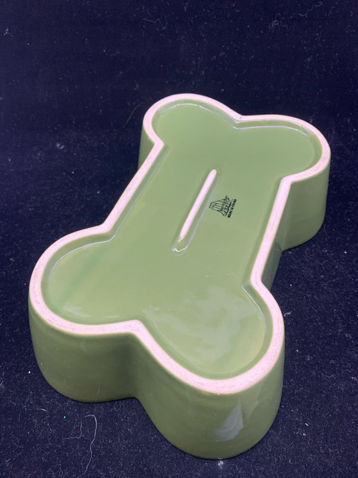 GREEN CERAMIC DOG BONE SHAPE BOWL.