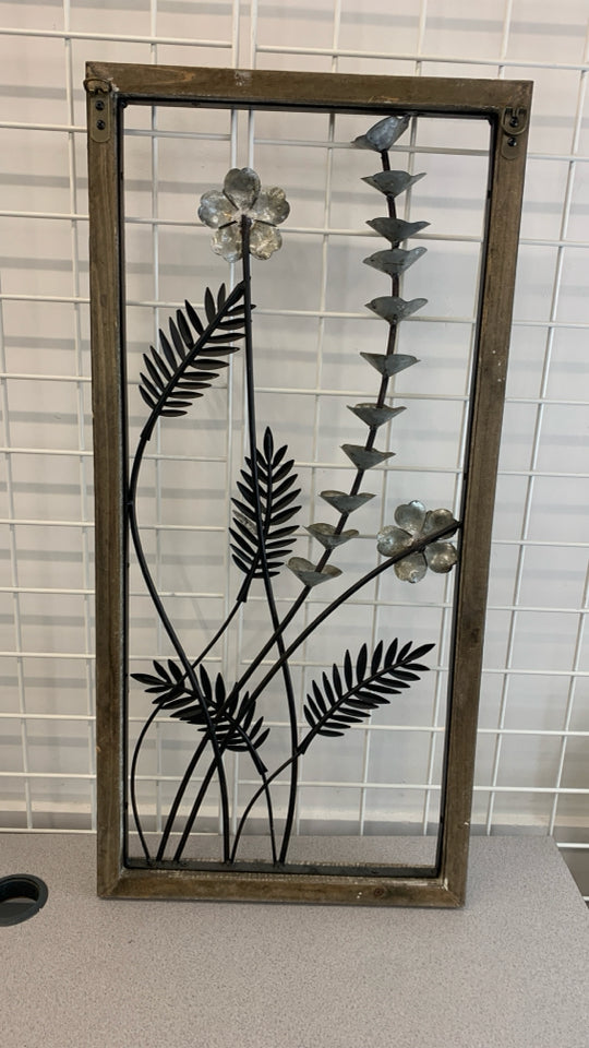 METAL WILDFLOWERS IN WHITE WASHED FRAME.