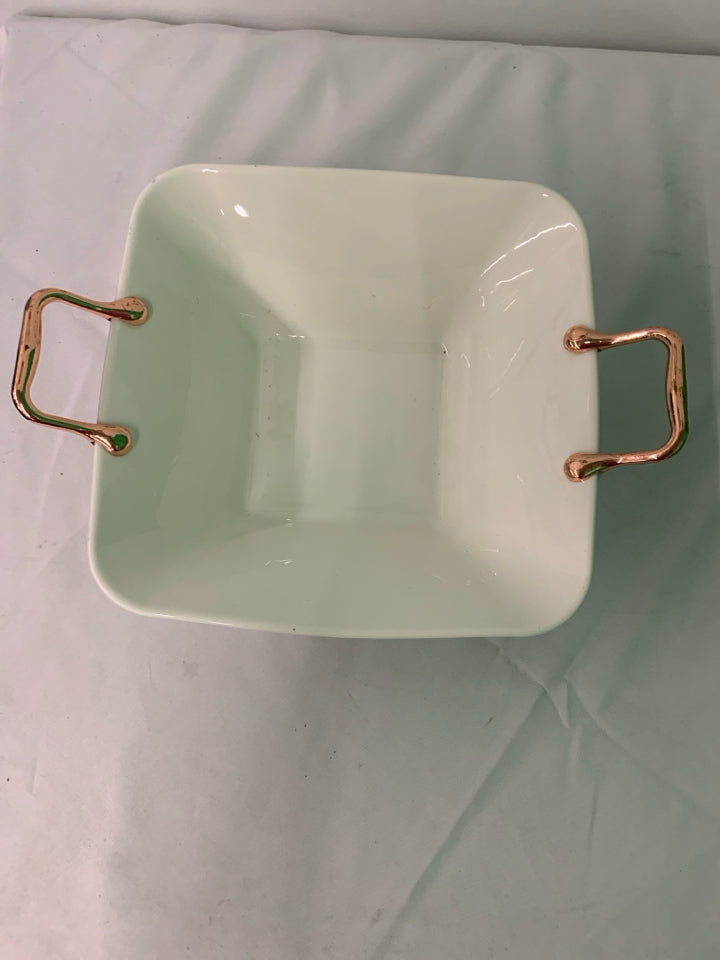 WHITE SQUARE SERVING BOWL W METAL HANDLES.