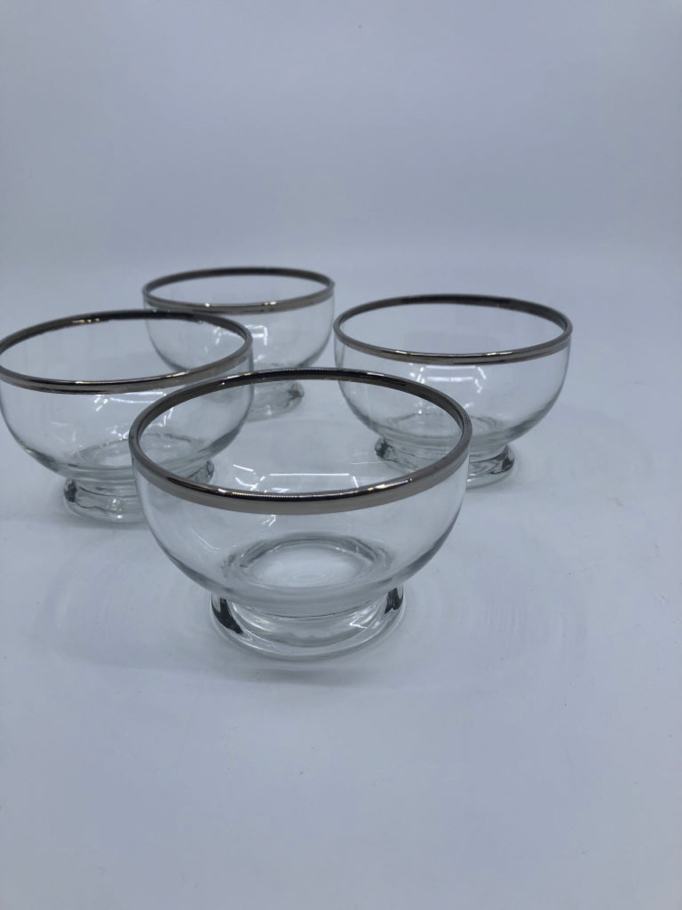 4 DESSERT GLASSES W SILVER RIM.