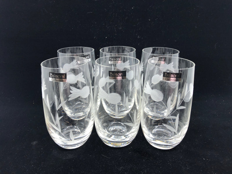 6 BALMORAL COLLECTION ETCHED FLORAL WATER GLASSES.