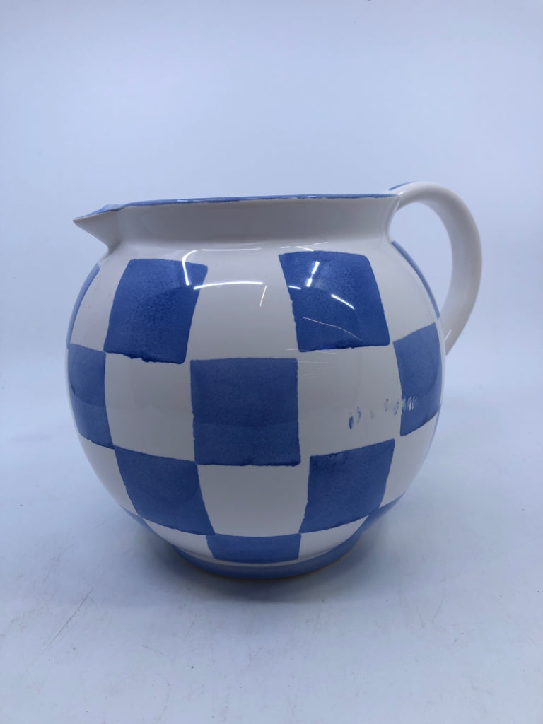 BLUE, WHITE CHECKERED CERAMIC PITCHER.