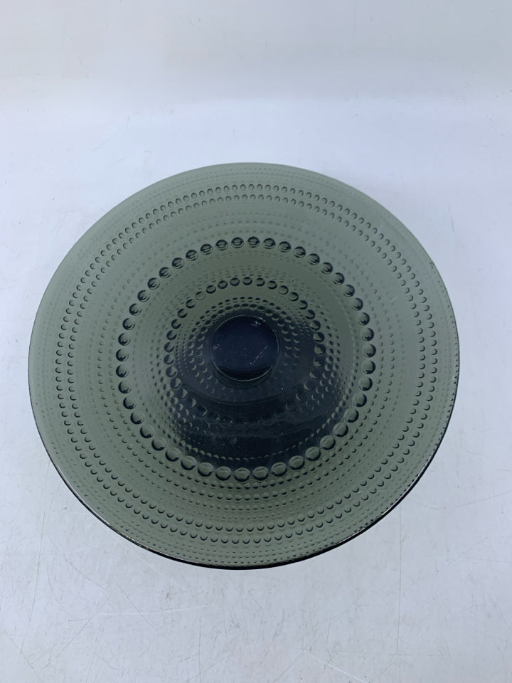 BLACK GLASS FOOTED CAKE STAND W/ EMBOSSED BEADING.