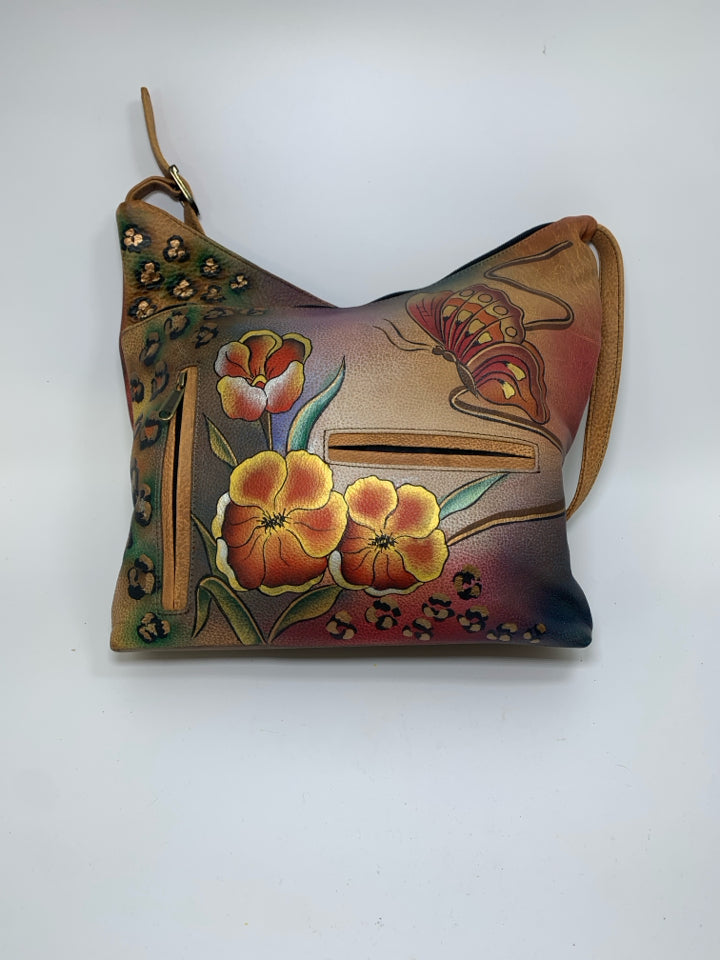 Anuschka Floral Butterfly Hand Painted Shoulder Bag