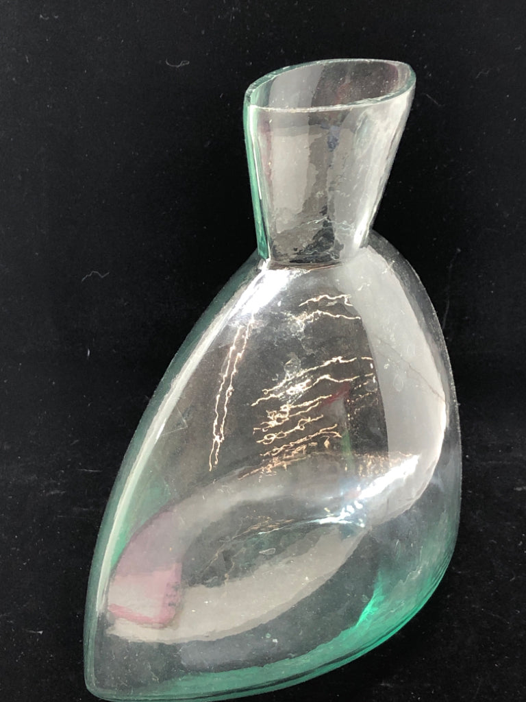 BLUE GLASS TRIANGULAR VASE.