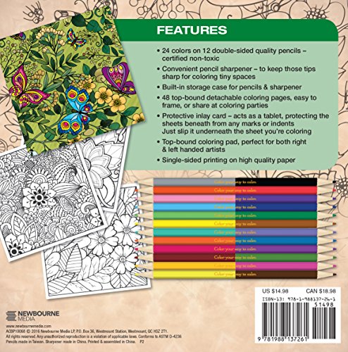 Botanical Garden Adult Coloring Book Set with 24 Colored Pencils and Pencil Shar