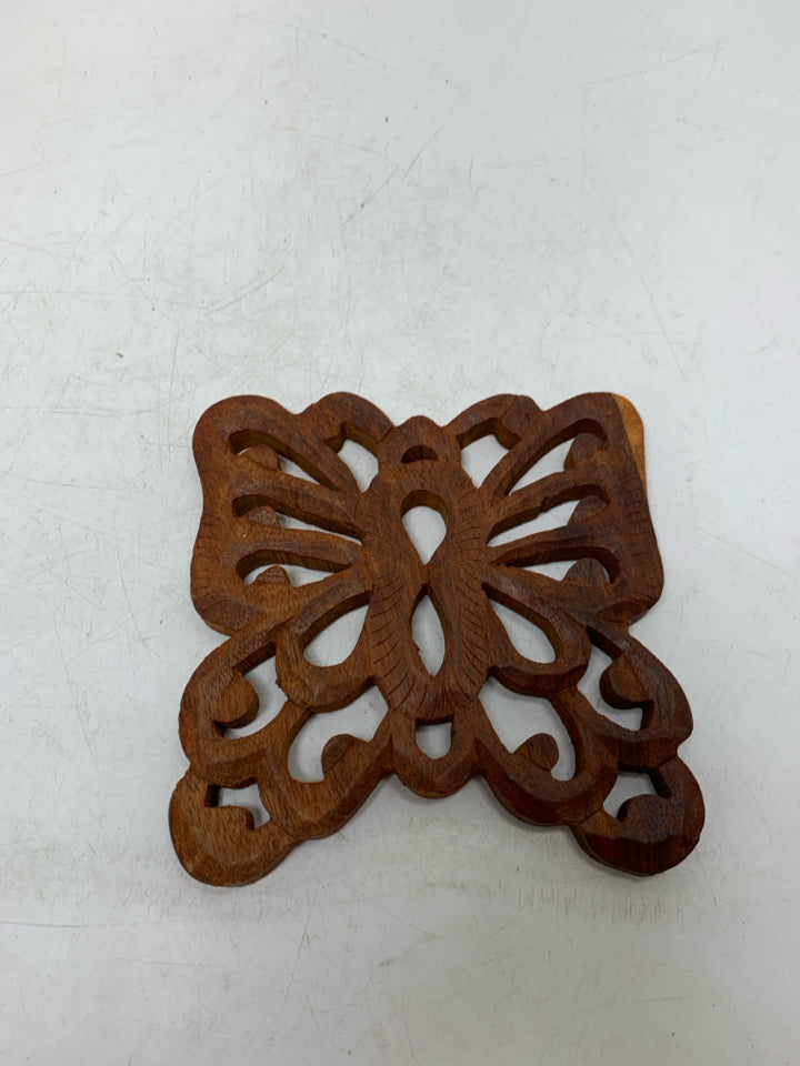 WOOD CARVED BUTTERFLY TRIVET.