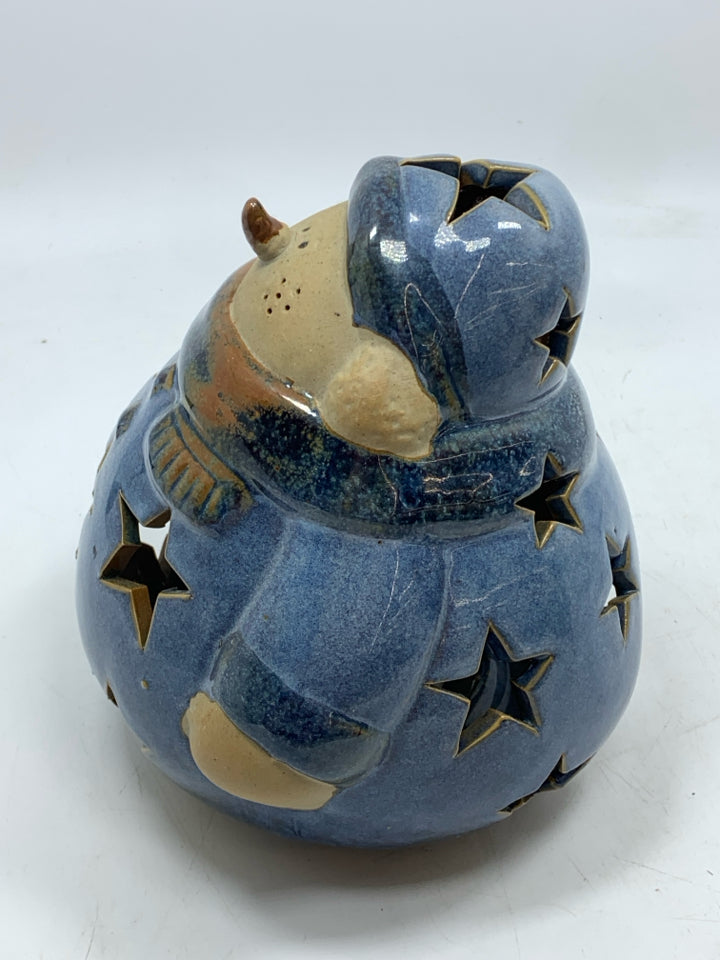 BLUE STAR PIERCED FAT SNOWMAN TEALIGHT HOLDER.