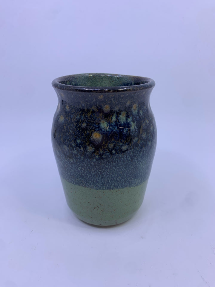 MINT GREEN GLAZED BOTTOM W/ DARK BLUE TOP POTTERY VASE.
