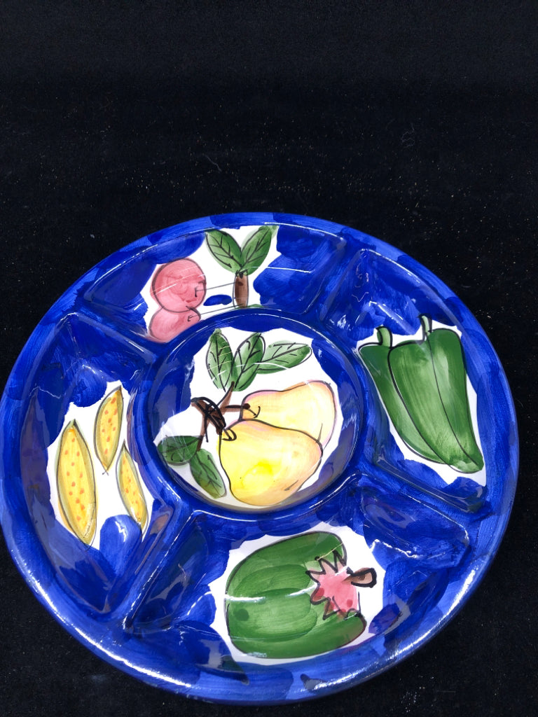 BLUE DIVIDED FRUIT AND VEGETABLE SERVER.
