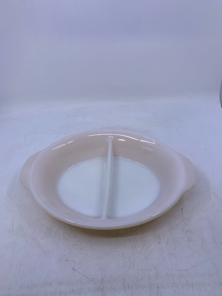 VTG OVAL IRIDESCENT ORANGE DIVIDED BAKING DISH.