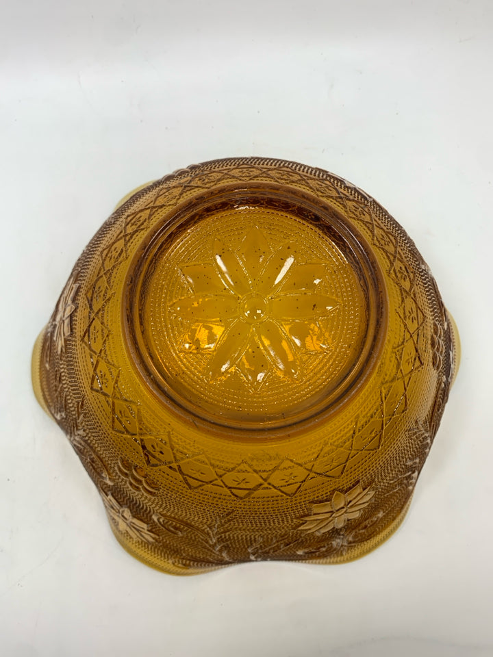 VTG AMBER GLASS BOWL W/EMBOSSED FLOWERS.