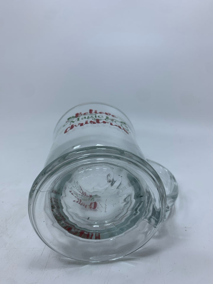 BELIEVE IN MAGIC GLASS CHRISTMAS MUG.
