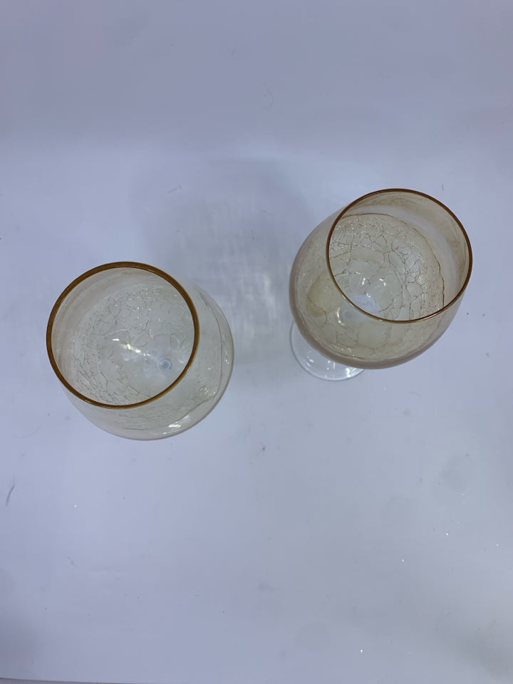2 ORANGE CRACKLE GLASS LARGE WINE GOBLET.