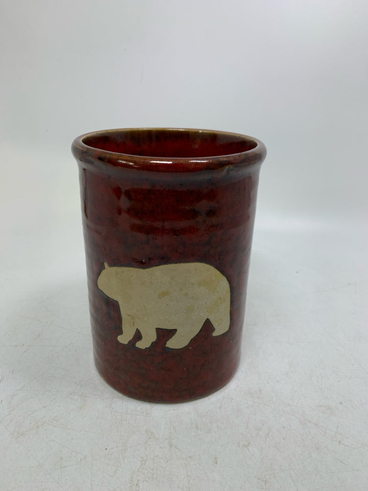 MATTE BEAR DARK RED CERAMIC CROCK.