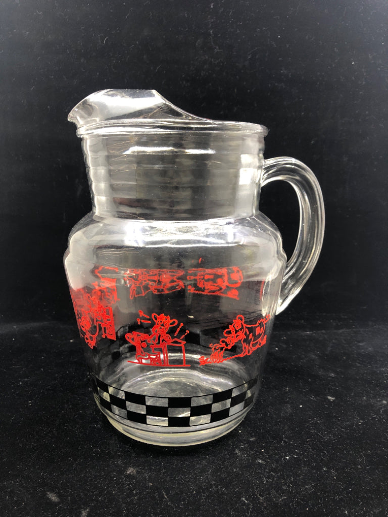 VTG GLASS PITCHER W/ RED ETCHED COW SCENE/ BLACK CHECKERED.