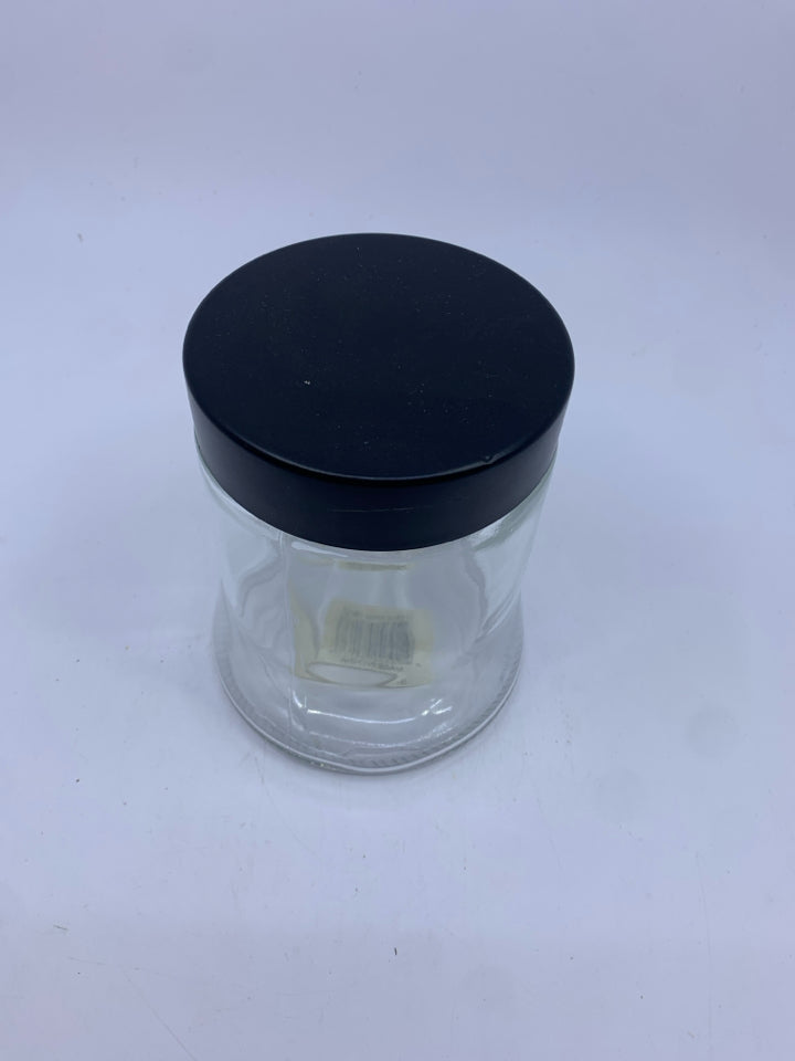 ROUND GLASS CANISTER W BLACK LID.