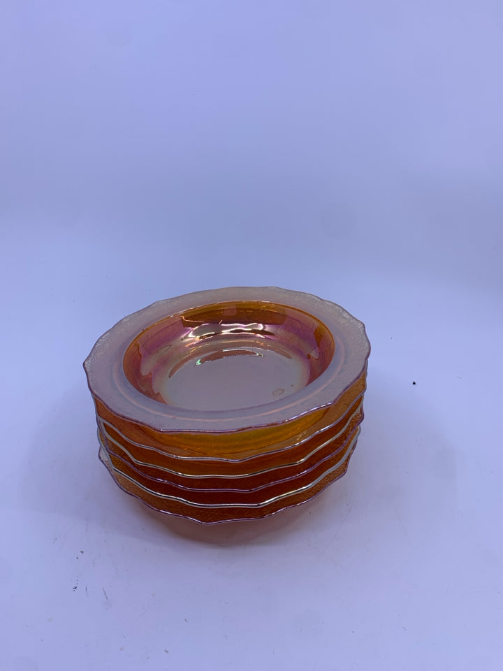 6 VTG CARNIVAL GLASS ETCHED BERRY BOWLS.