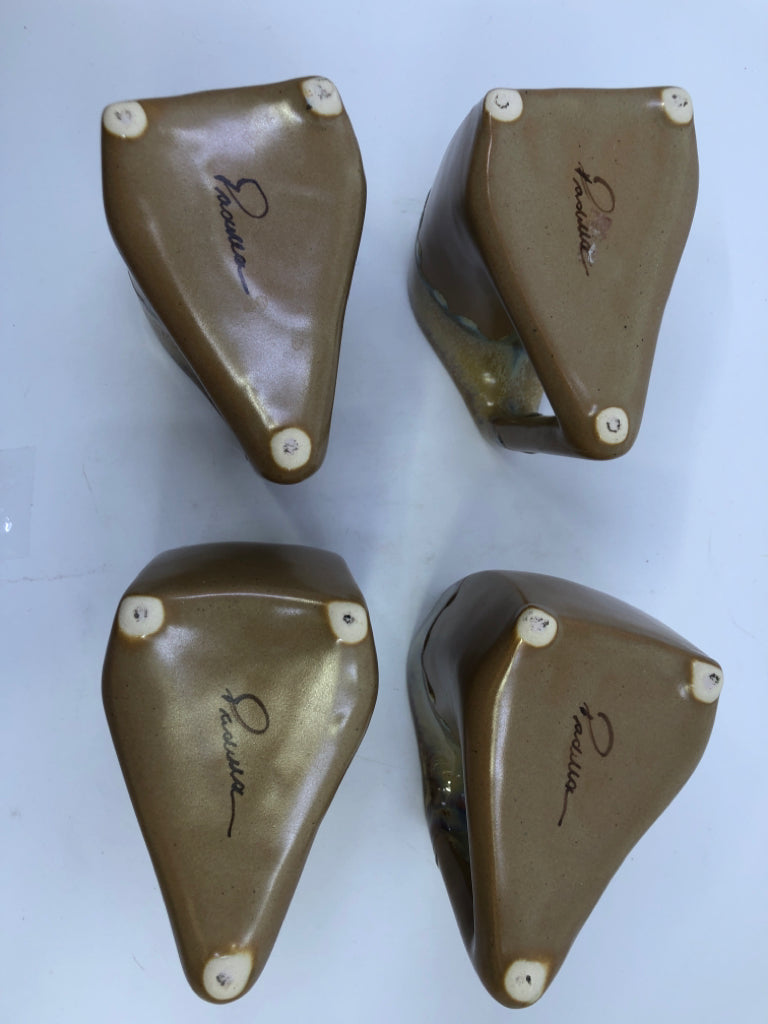 4 LARGE TAN DRIP POTTERY MUGS.
