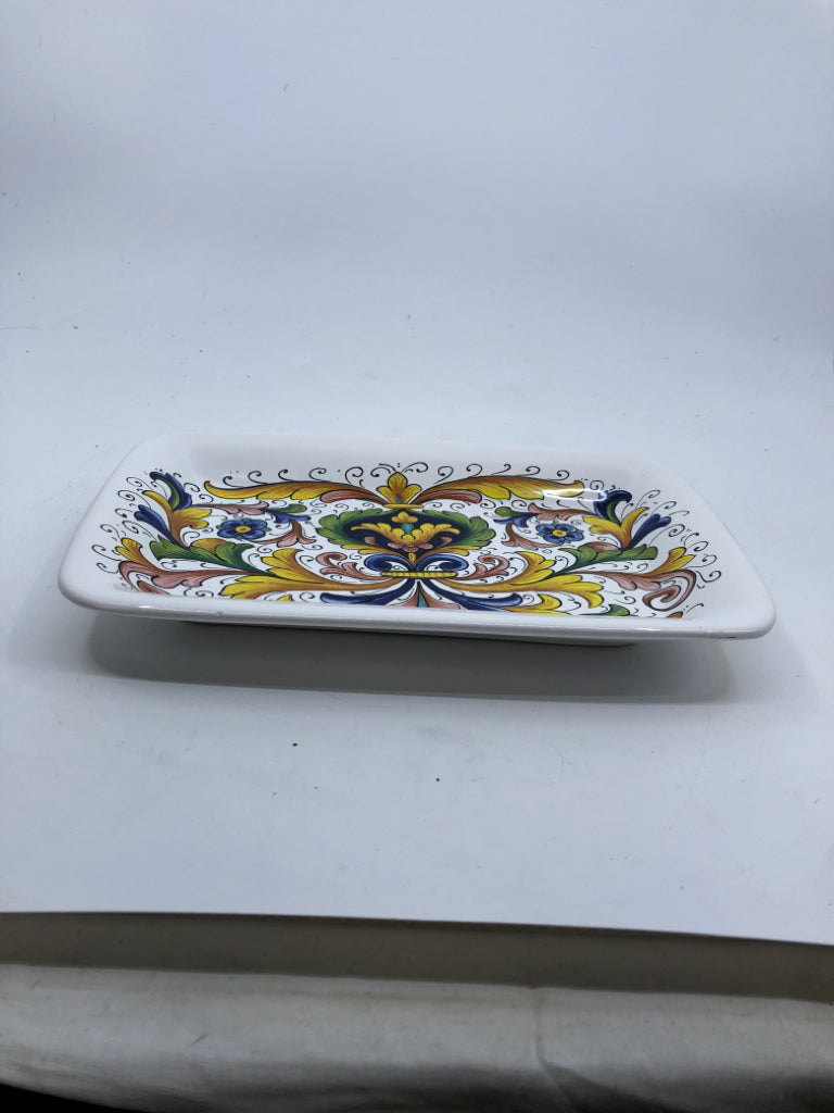 CERAMIC RECTANGLE TRAY W/ COLORFUL DETAILED SCROLL CENTER.