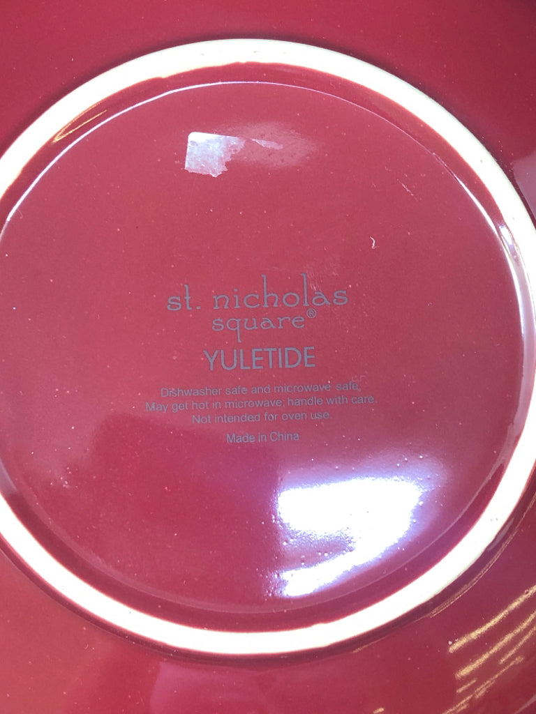 LARGE SNOWMAN SERVING BOWL W MAROON OUTSIDE AND SNOWFLAKES.