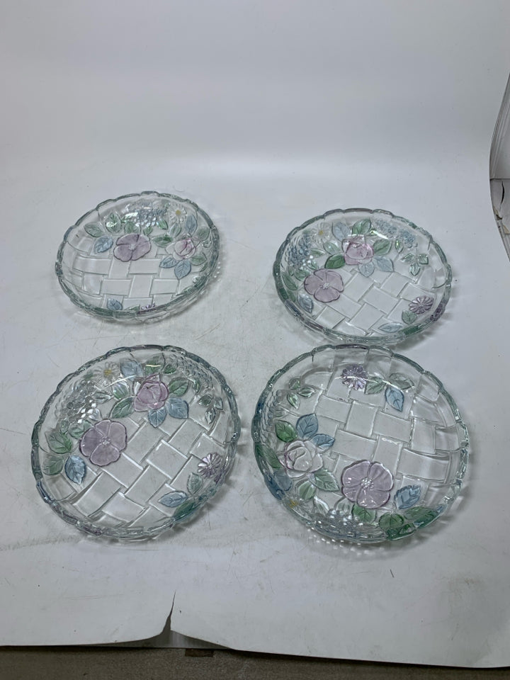 4 VTG BASKET WEAVE PASTEL FLORAL PATTERN APPETIZER PLATES.