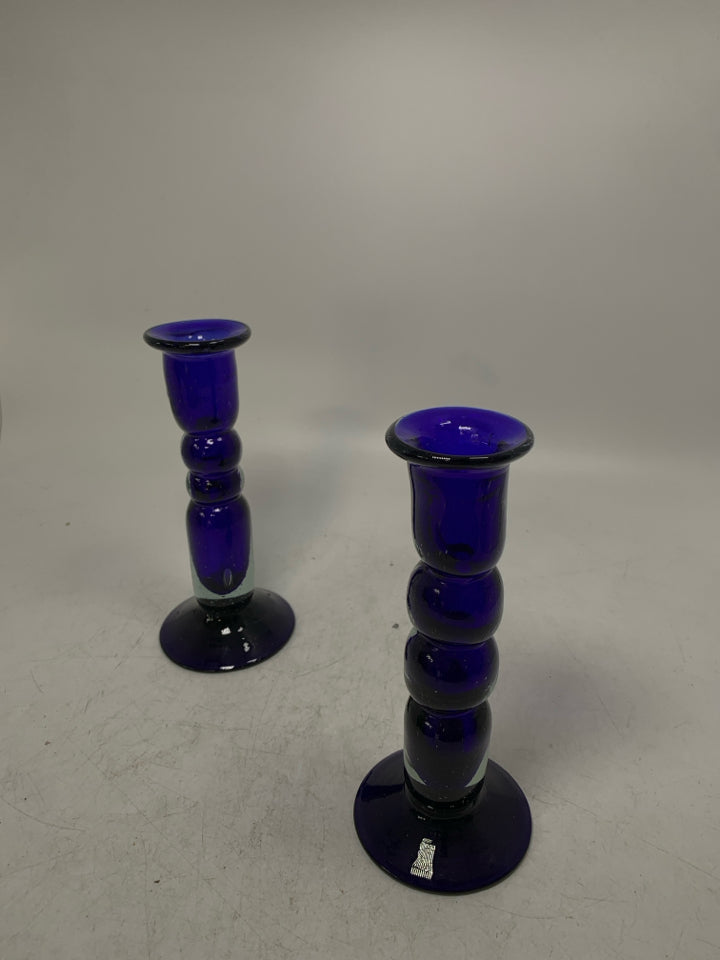 2 COBALT BLUE GLASS TAPERED CANDLE HOLDERS.