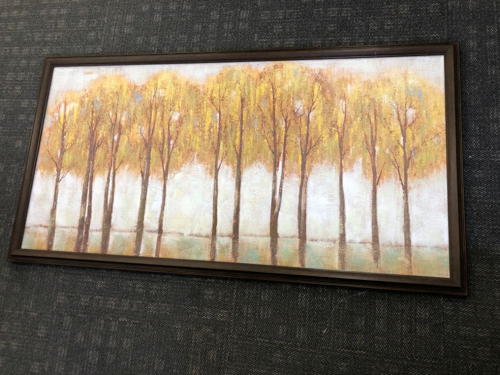 LARGE CANVAS W/ YELLOW TREES IN A ROW W/ DARK BROWN FRAME.