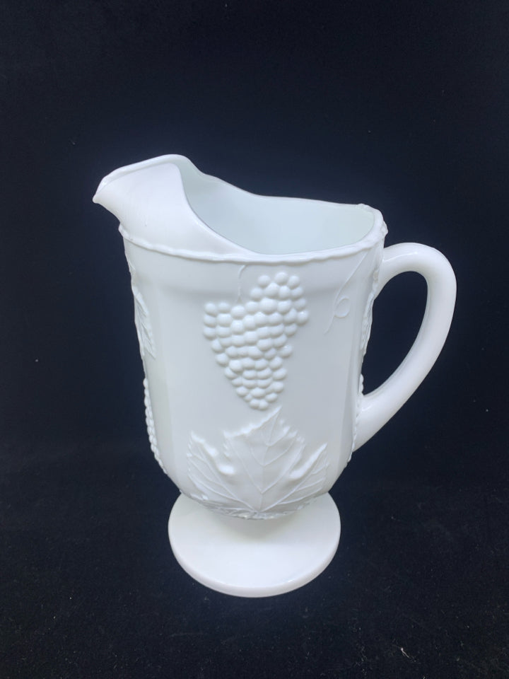 8PC VTG GRAPES EMBOSSED MILK GLASS PITCHER + TUMBLER SET.