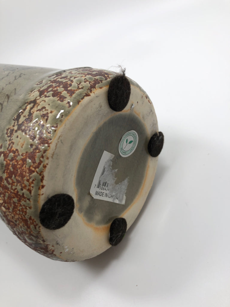 RUSTIC CRACKLE GLAZE SCRIPT VASE.