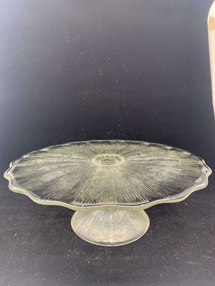 TEXTURED GLASS FOOTED CAKE STAND.