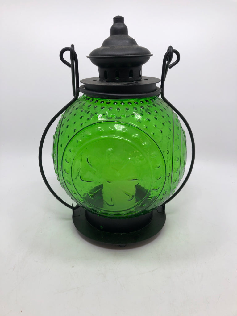 HOBNAIL GREEN GLASS CANDLE LANTERN W METAL HANDLE.