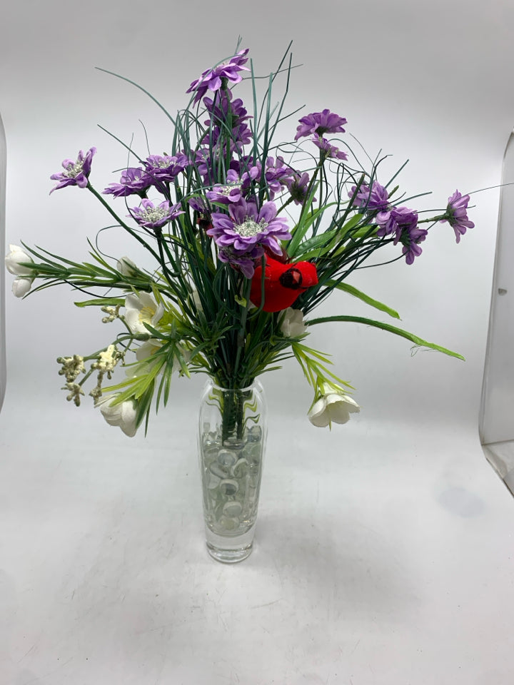 FAUX PURPLE FLOWER W/CARDINAL IN CUT GLASS VASE.