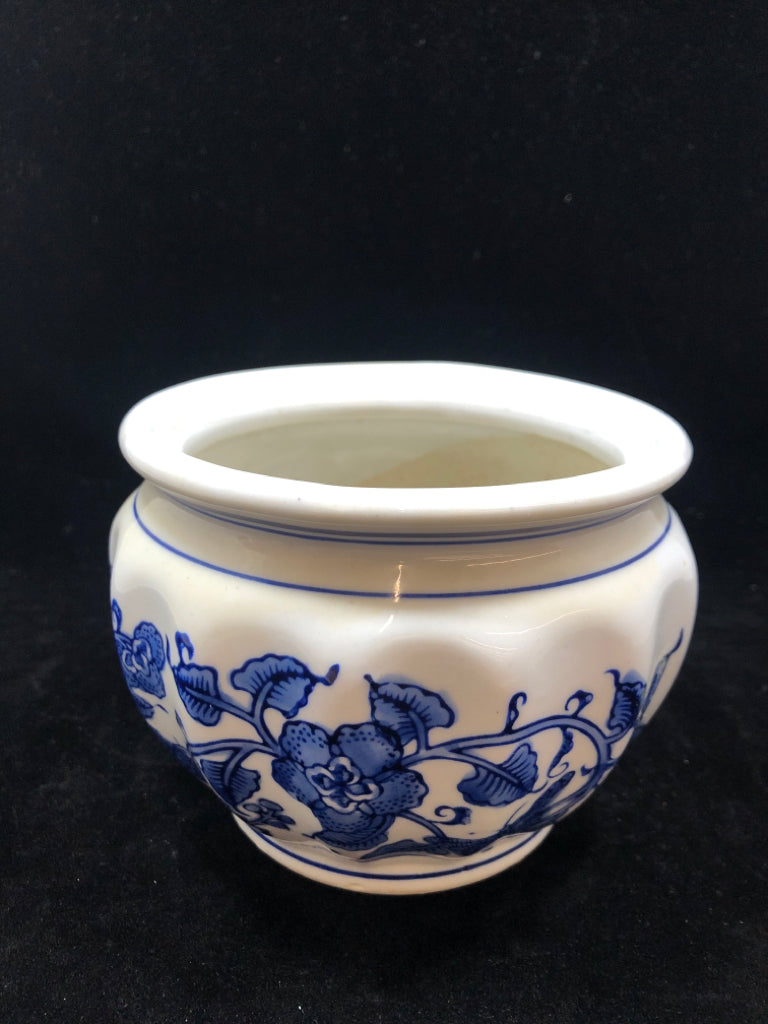 WHITE PORCELAIN PLANTER W/BLUE LEAVES/BUTTERFLIES.