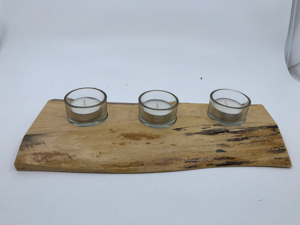 CARVED WOOD LIVE EDGE 3 TEA LIGHT HOLDER.