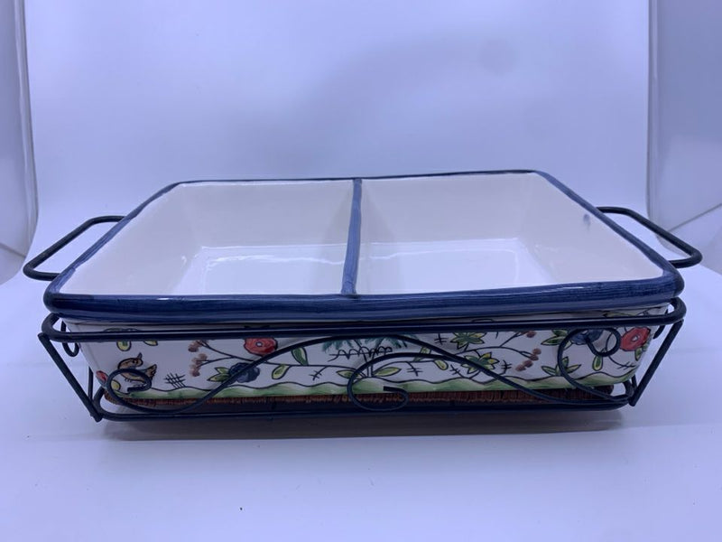 BIRDS + FLOWERS DIVIDED CASSEROLE IN STAND W/ HANDLE.