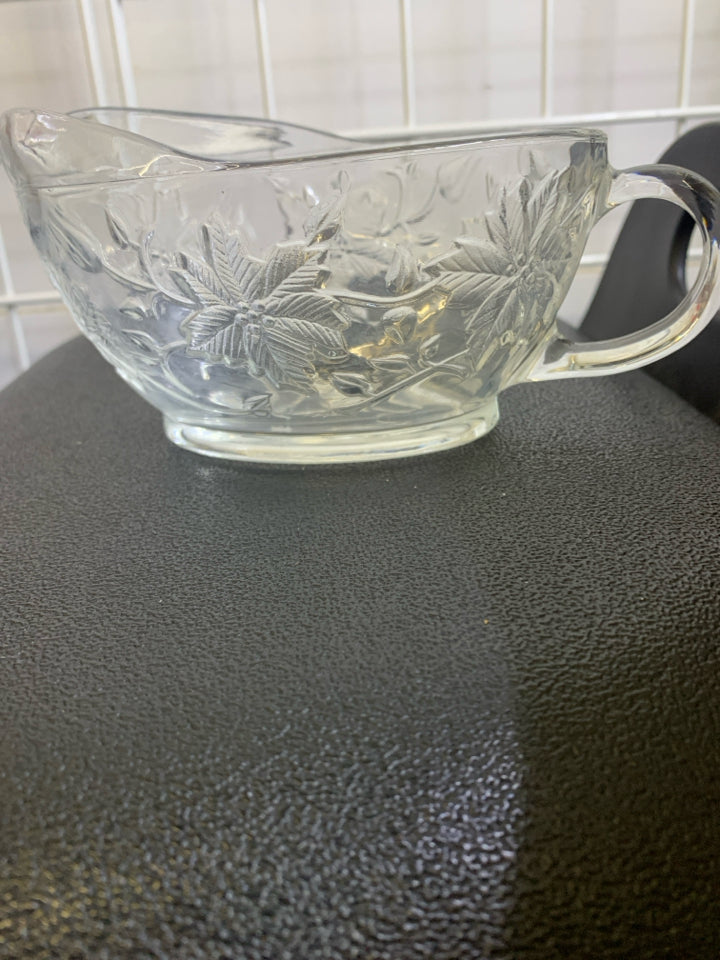 2 PC GLASS GRAVY DISH & BOWL W/ FROSTED POINSETTIA- PRINCESS HOUSE.