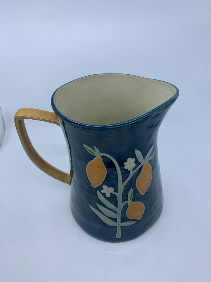 LARGE CERAMIC PITCHER DARK BLUE W/ LEMON TREE.