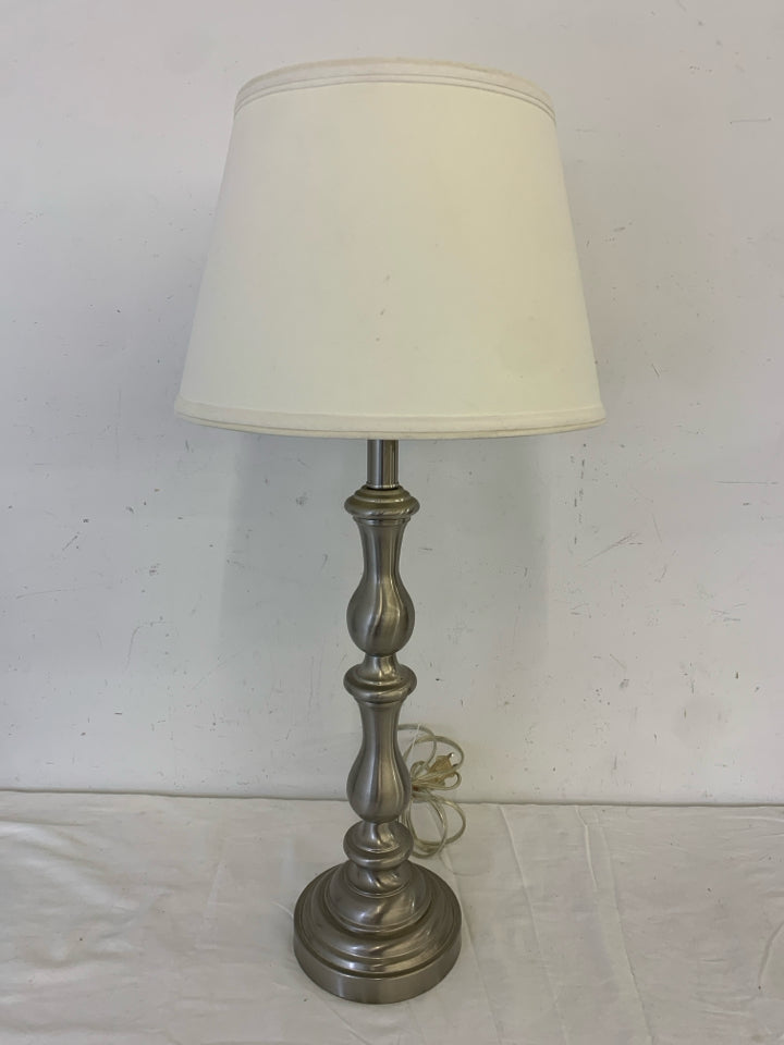 SILVER BASE LAMP W/ WHITE SHADE.