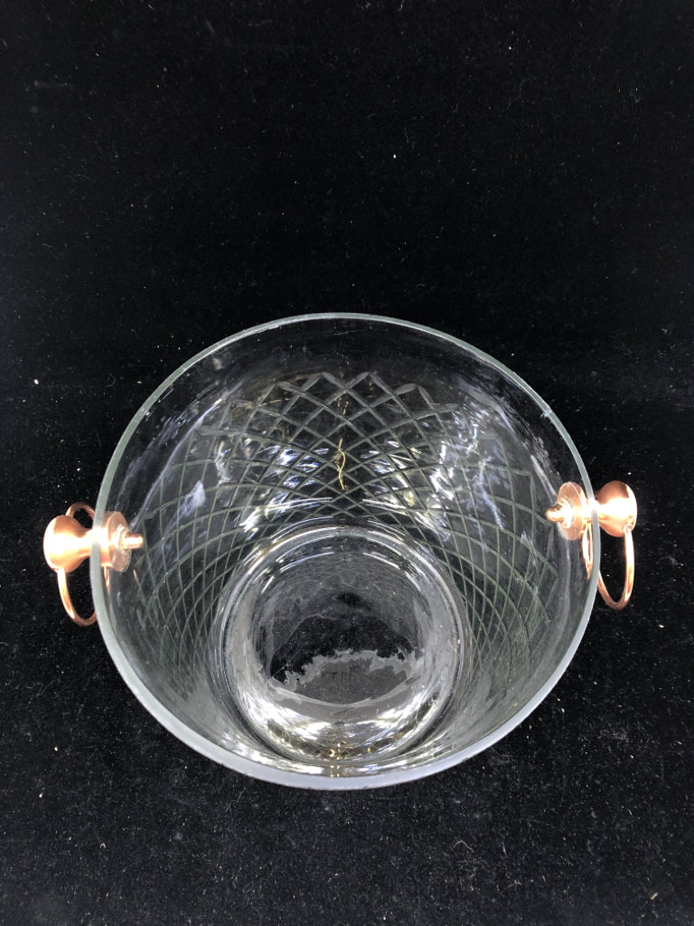 GLASS ICE BUCKET GOLD BRONZE ACCENTS.