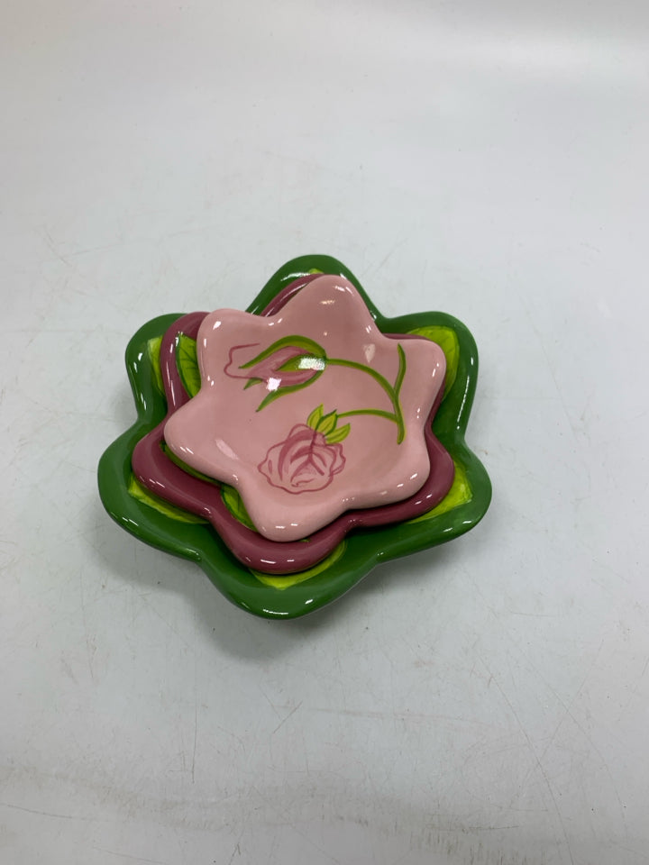 3 NESTING FLOWER SHAPED TEA LIGHT HOLDERS PINK/GREEN.