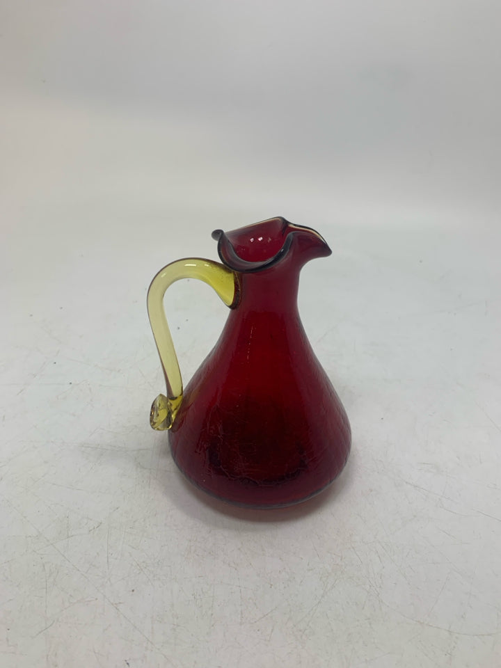 BLOWN CRACKLE GLASS SMALL PITCHER W/ YELLOW HANDLE.