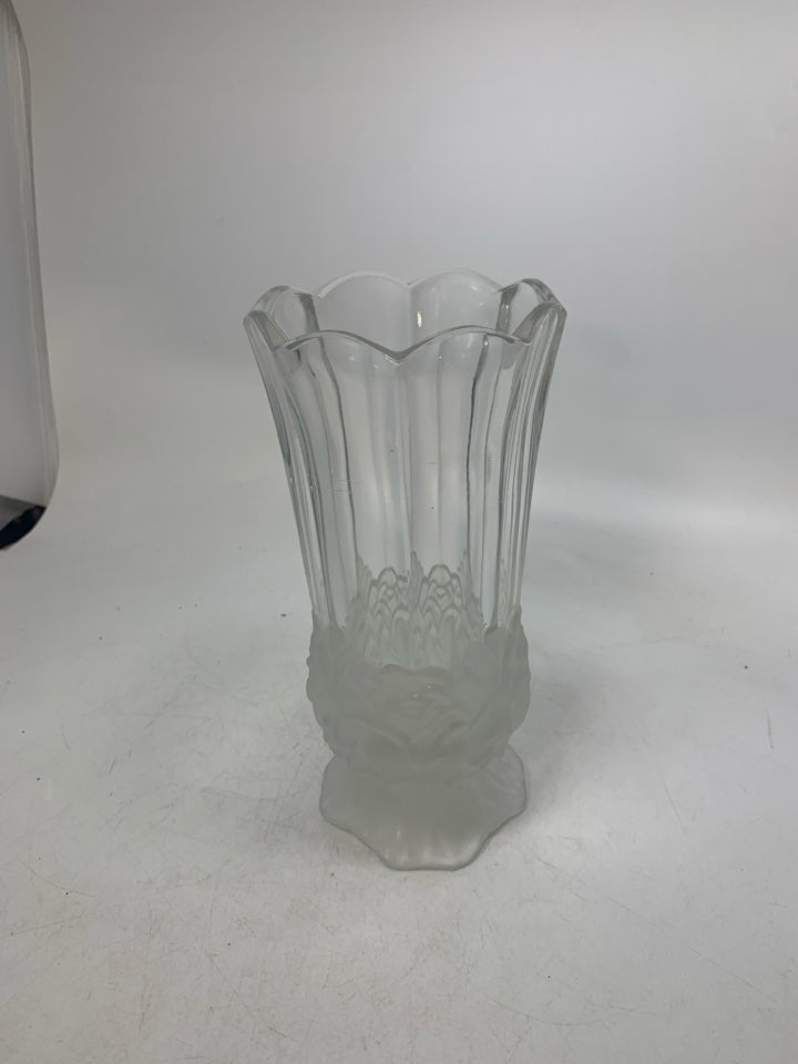 HEAVY CRYSTAL FOOTED VASE W/ FROSTED ROSE BOTTOM.