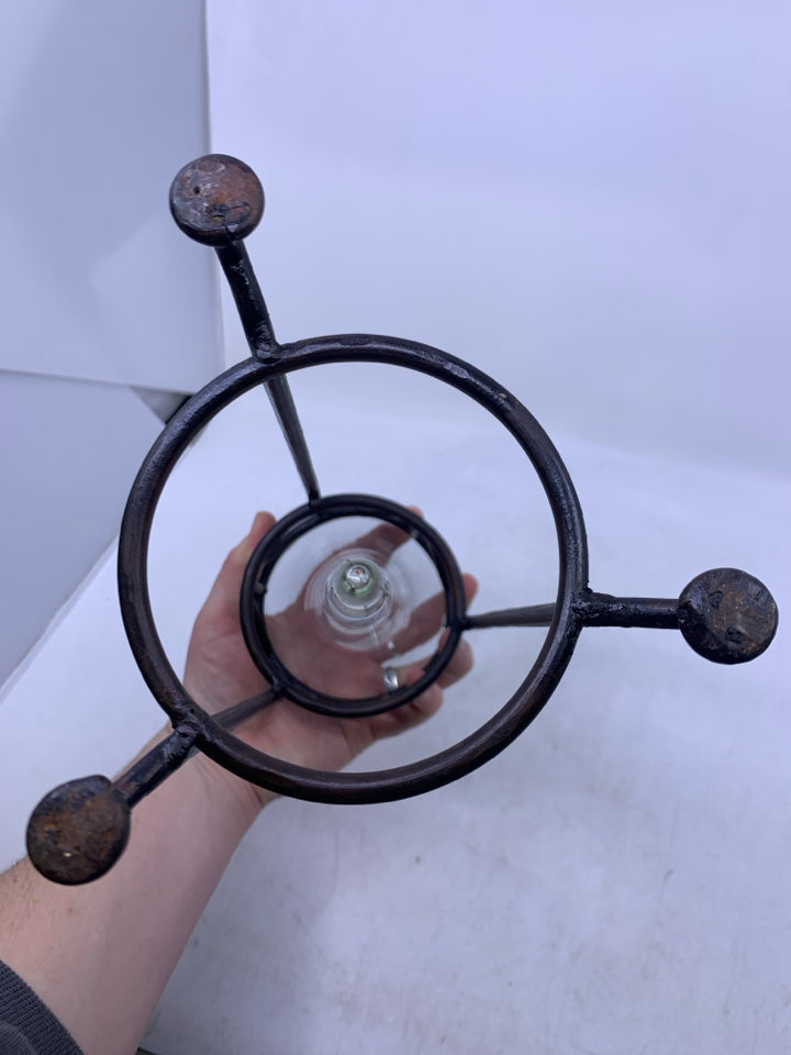 METAL STAND W/ GLASS VASE INSERT.